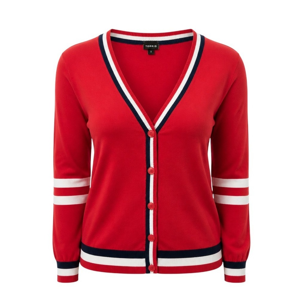 Torrid Womens 1X Varsity Cardigan Sweater Red Striped Preppy Nautical EUC